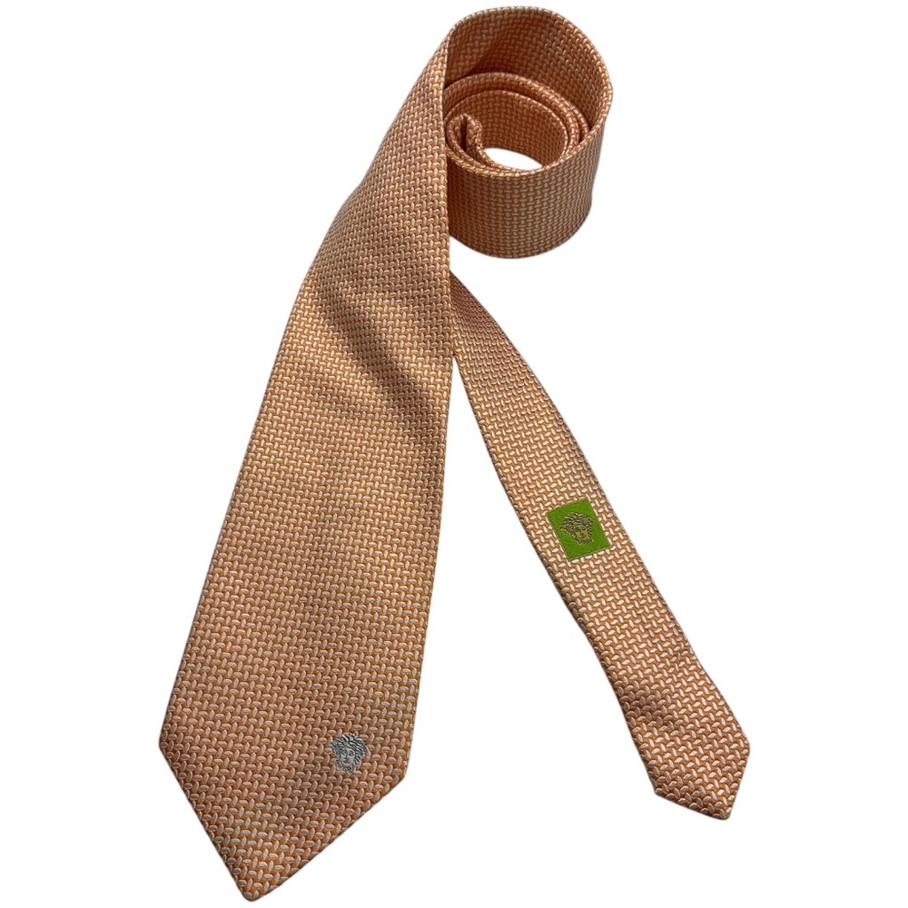 VERSACE Orange/White Geometric Medusa Silk LUXURY Tie ITALY